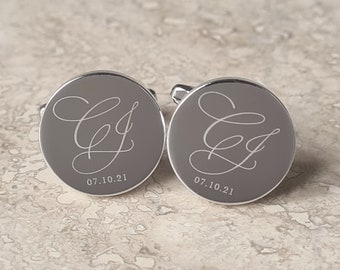 Wedding Groom Initial Cuff Links, Personalized Groomsman Groomsmen Cufflinks, Father of the Bride Custom Engraved Wedding Gift with Date