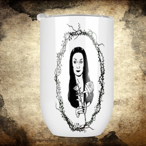 Morticia and Gomez Addams Stemless Wine Tumbler Stainless Steel With Lid Made With Durable Sublimation Technique Classic TV/Movies
