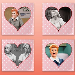 May include: Four pink squares with white polka dots and red hearts. Each heart contains a different black and white photo of Lucille Ball from the I Love Lucy television show. The text "DANGER BE CAREFUL WHEN BELT IS IN MOTION" is visible in one of the photos.
