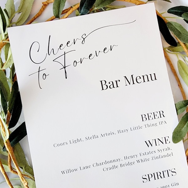 Wedding Drink Menu, Cheers to Forever Custom Wedding Bar Sign, Signature Drink Sign, Wedding Decor, Personalized Signs, Bar Menu for Wedding