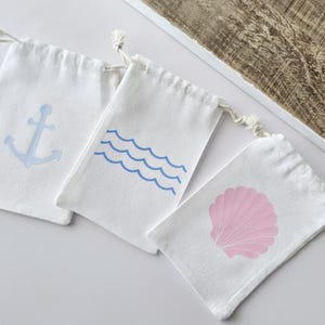 Coastal Mini Drawstring Favor Bags, Shell or Anchor Design, Nautical Beach Party Favors, Seaside Wedding Gift Bags, Small Canvas Pouches