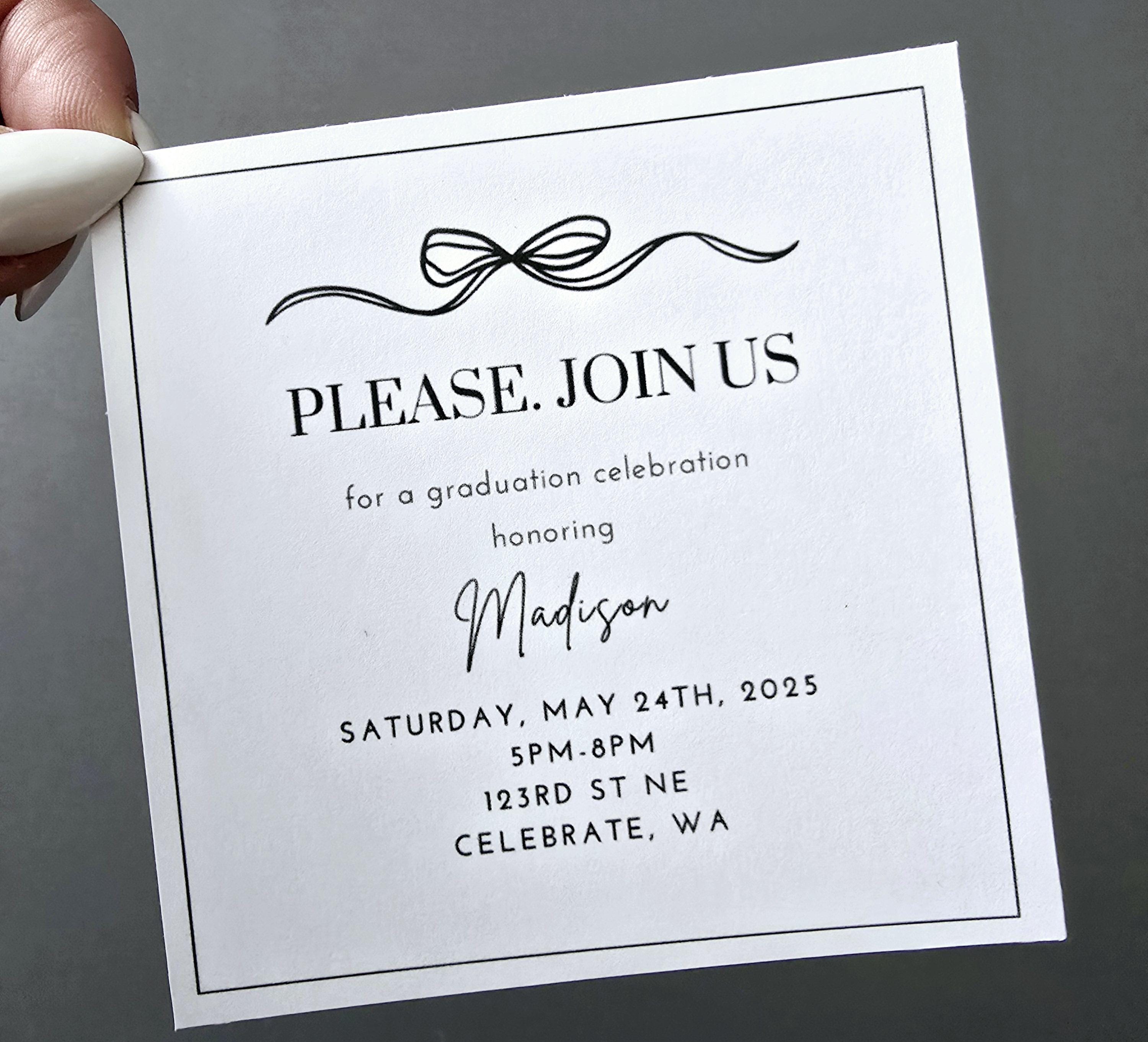 Printable Square Grad Party Inserts, Bow Graduation Party Invites ...