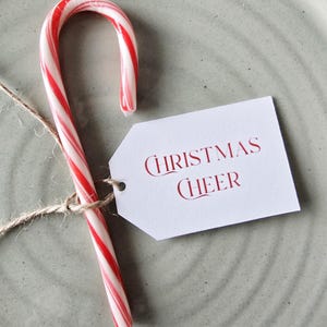 May include: A red and white striped candy cane tied with twine to a white tag. The tag has the words "CHRISTMAS CHEER" printed in red. The candy cane is on a light gray plate.