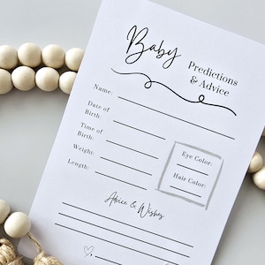 Carte de prédiction de bébé minimaliste, carte de conseils et de voeux, jeux de baby shower, cartes de conseils de baby shower imprimables, carte de prédictions neutre