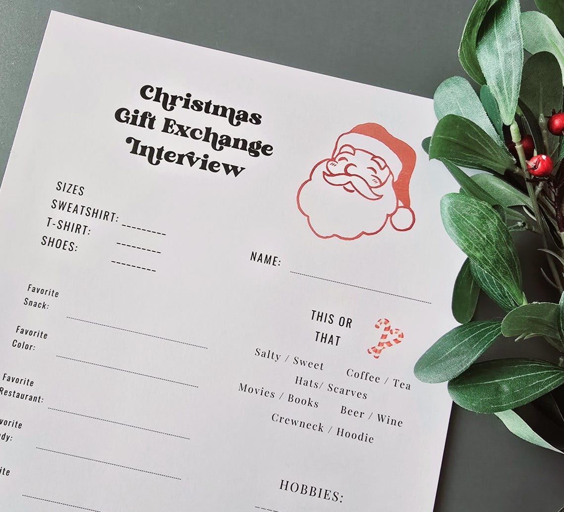 Printable Gift Exchange Questionnaire, Christmas Gift Exchange ...