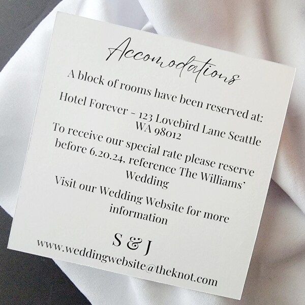 Wedding Enclosures, Custom Wedding Inserts, Wedding Invitation Enclosures, Accomodations Enclosure, Square Inserts, Accomodations Card