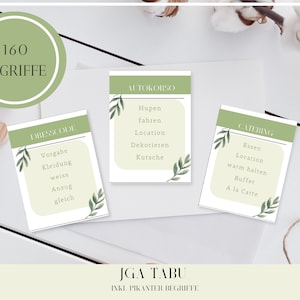 Carte da gioco tabù nuziali con 160 termini da stampare in verde menta con temi legati all'amore nuziale per la festa JGA / gioco tabù JGA
