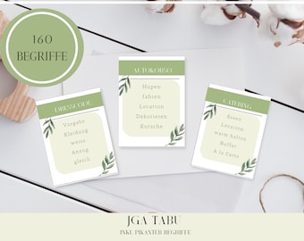 Tarjetas de juego tabú de boda con 160 términos para imprimir en verde menta con temas relacionados con el amor nupcial para fiesta JGA / juego tabú JGA