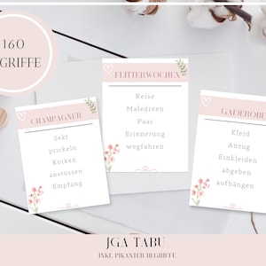 JGA Tabu mit 160 Begriffen zum Download und Ausdrucken in rosé mit Themen rund um Hochzeit Liebe für JGA Party / JGA Tabu Spiel