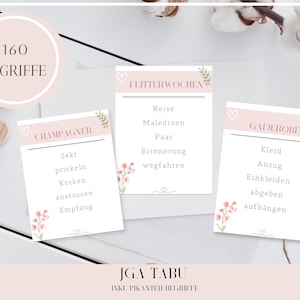 JGA taboo with 160 terms to download and print out in rosé with themes related to wedding love for JGA party / JGA taboo game