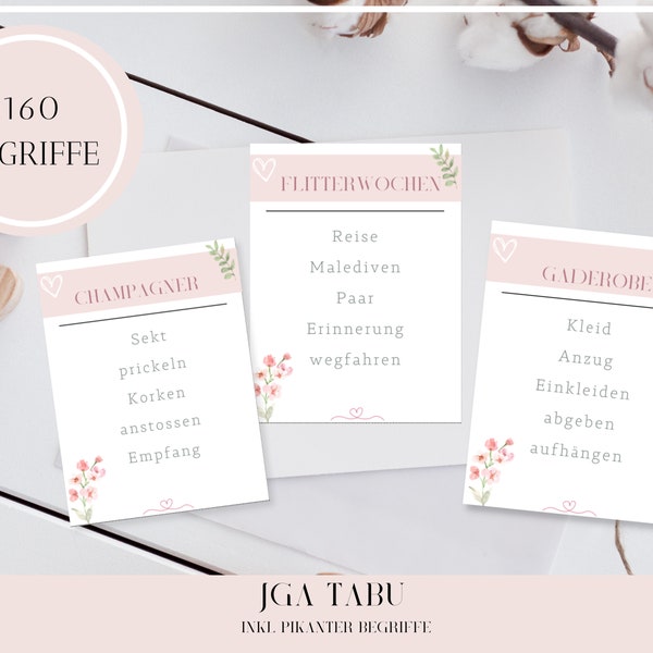 JGA Tabu mit 160 Begriffen zum Download und Ausdrucken in rosé mit Themen rund um Hochzeit Liebe für JGA Party / JGA Tabu Spiel