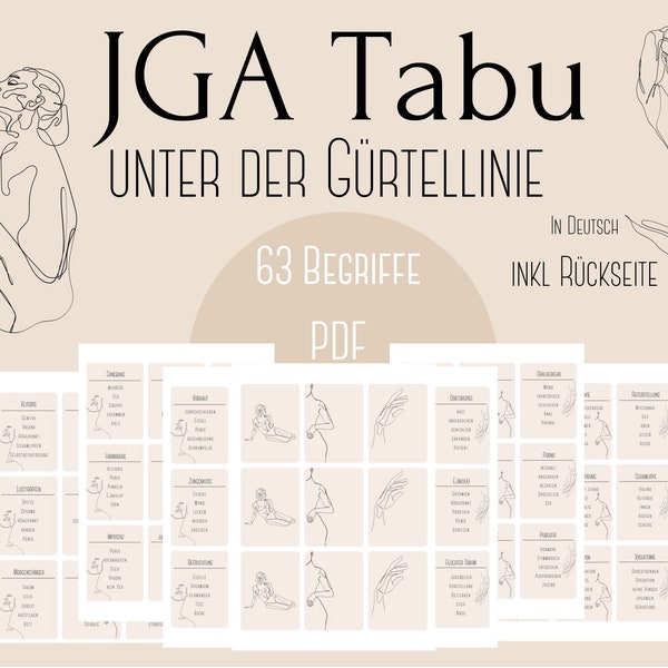 JGA Tabu Karten Unter der Gürtellinie mit pikanten, verruchtem Thema als Bachelorette Spiel oder Partyspiel mit über 60 Begriffen