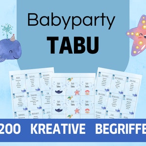 Baby party taboo game with 200 terms as a PDF template for immediate download in blue