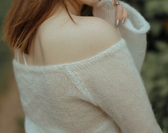 Off Shoulder Bridal sweater Bridal Mohair Romantic Knitwear Dreamy Sweater Boho Bride Style Unique Bridal Knit Sheer Elegance Airy Knit