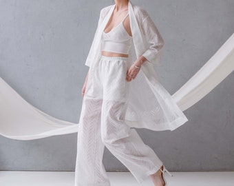 Elegant embroided set. Beach trousers. Organic cotton trousers. Linen trousers. Cotton robe. Beach robe. Merezhka set.Bridal summer set.