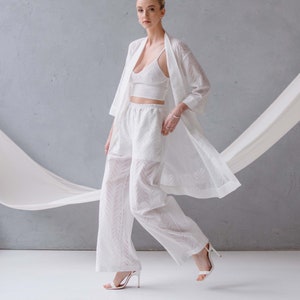 Elegant embroided set. Beach trousers. Organic cotton trousers. Linen trousers. Cotton robe. Beach robe. Merezhka set.Bridal summer set. image 1