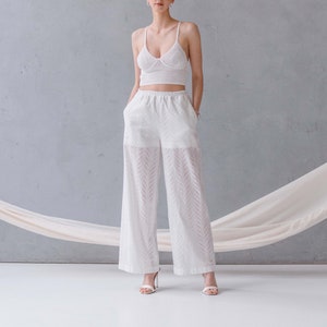 Elegant embroided set. Beach trousers. Organic cotton trousers. Linen trousers. Cotton robe. Beach robe. Merezhka set.Bridal summer set. image 5