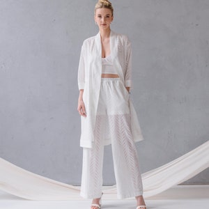 Elegant embroided set. Beach trousers. Organic cotton trousers. Linen trousers. Cotton robe. Beach robe. Merezhka set.Bridal summer set. image 2