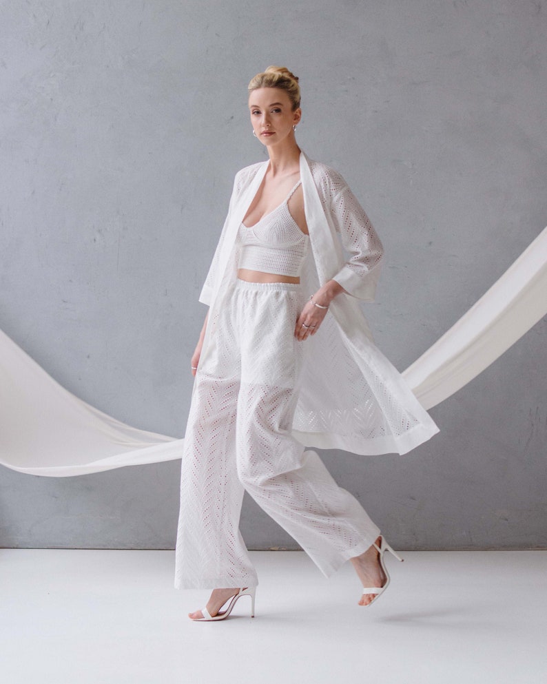 Elegant embroided set. Beach trousers. Organic cotton trousers. Linen trousers. Cotton robe. Beach robe. Merezhka set.Bridal summer set. image 1