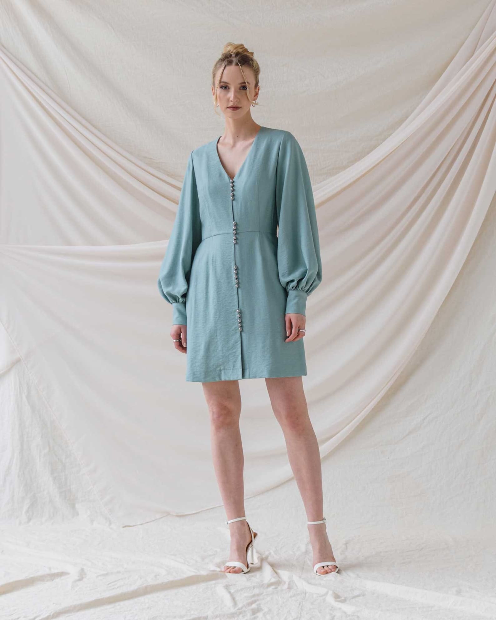 Bishop Sleeves Chiffon V-neck Dress with Bow Jade