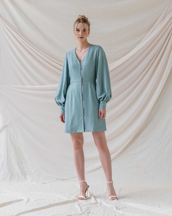 Viscose Boho Dress: Bishop Sleeves, V-Neck, A-Line