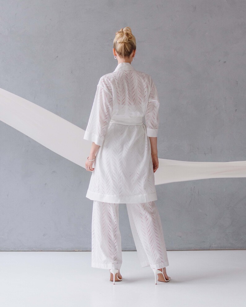 Elegant embroided set. Beach trousers. Organic cotton trousers. Linen trousers. Cotton robe. Beach robe. Merezhka set.Bridal summer set. image 4