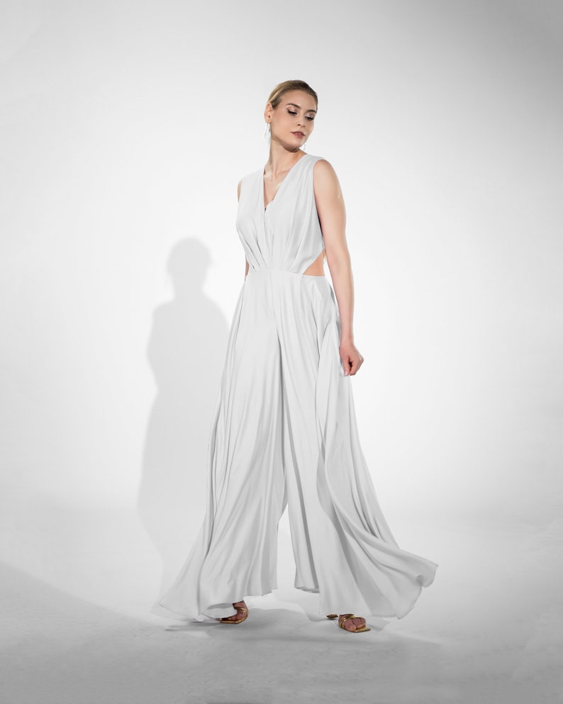 Bridal elegant jumpsuit. Natural fabric jumpsuit. Occasion jumpsuit. Boho jumpsuit. Draped jumpsuit. Palazzo jumpsuit. Cut out waist. image 9