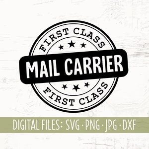 May include: Black and white graphic design of a round stamp with the text "FIRST CLASS" and "MAIL CARRIER" in the center. The stamp has three stars on each side of the text.