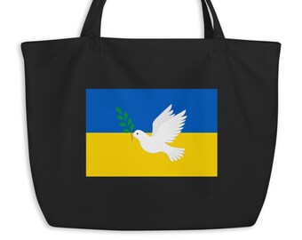 100% Of Profits To Ukraine – Large Eco Tote Bag (Print on both sides) UA Flag & Peace Dove – Proceeds Aid Ukrainians, Details In Description