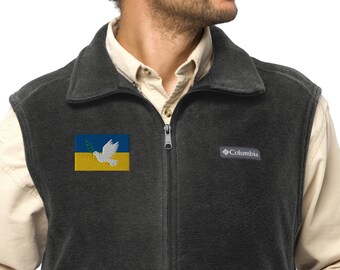 Profits To Ukraine, Peace Dove Ukraine Flag Embroidered on Men's Columbia Fleece Vest – Proceeds Aid Ukrainians Details In Description