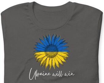 100% Of Profits Aid Ukrainians, Details In Description – “Ukraine Will Win” Blue And Yellow Sunflower – Unisex T-Shirt