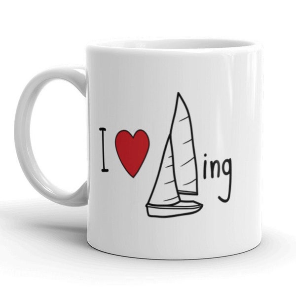 I Love Sailing “I Heart Sailing” (Rebus) White Glossy Mug – Sailor Mug, Heart + Sailboat Simple Graphic Mug, Sailing Coffee / Tea Mug