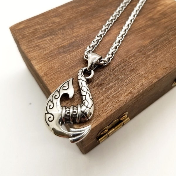 Fish Hook Shape Pendant Necklace Unisex, Stainless steel.