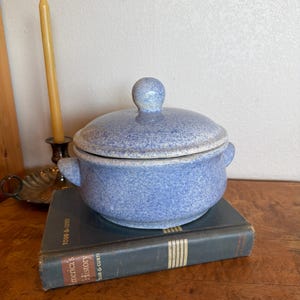 Puede incluir: Un cuenco redondo de cerámica con tapa y acabado moteado en azul claro y blanco. El cuenco cuenta con dos pequeñas asas laterales y una tapa a juego con un pomo central esférico, mostrando una apariencia texturizada y jaspeada en toda la superficie.