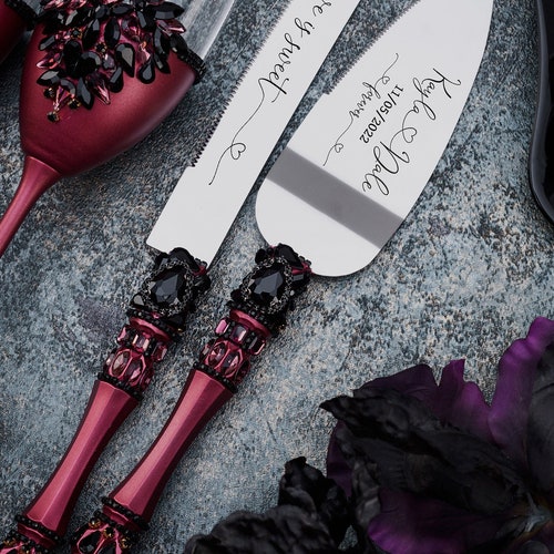 Burgundy Black Wedding Cake Cutting Set Maroon Black Wedding Etsy