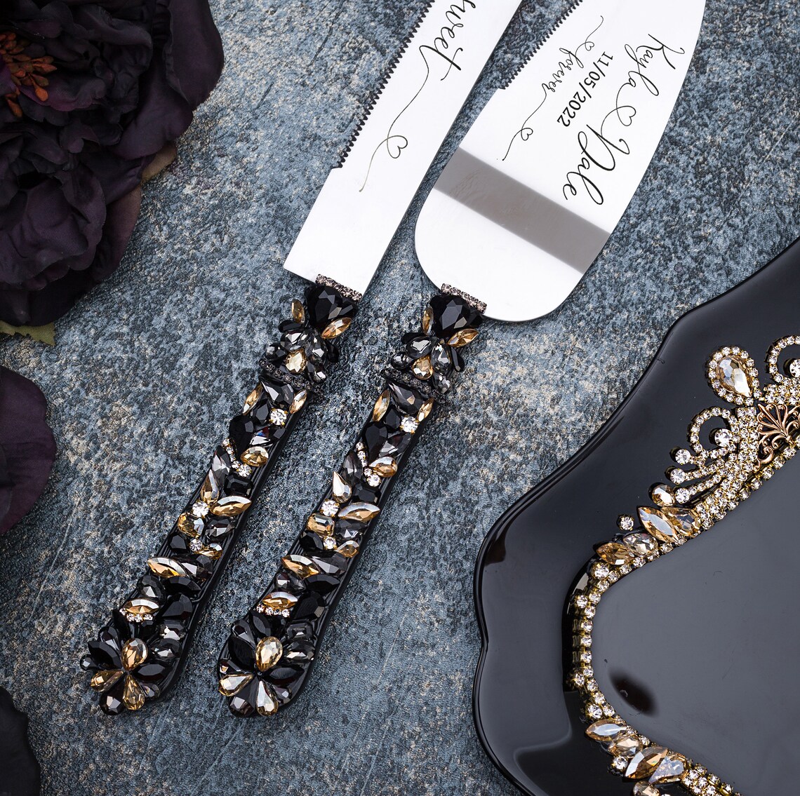 Gold Black Wedding Cake Cutting Set Black Gold Wedding Cake Etsy