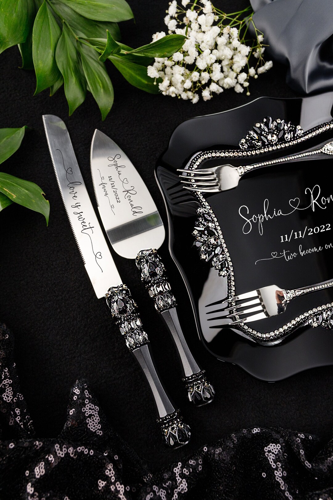 Black Wedding Cake Cutting Set Black Wedding Cake Knife Etsy