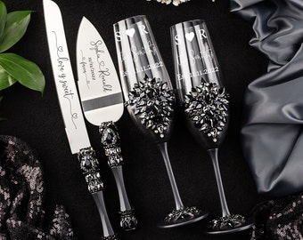 black wedding cake cutting set, black wedding cake knife