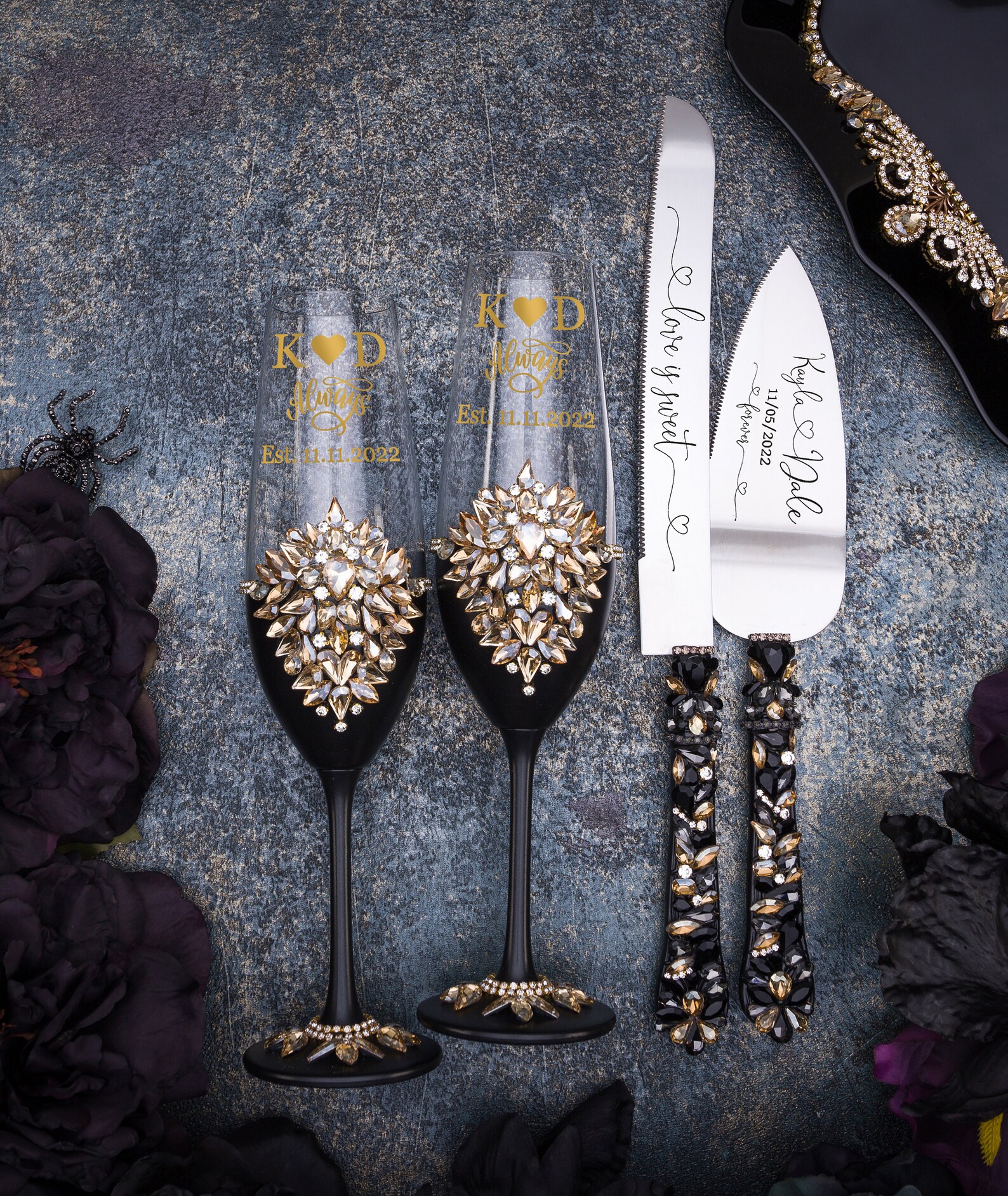 Gold Black Wedding Cake Cutting Set Black Gold Wedding Cake Etsy