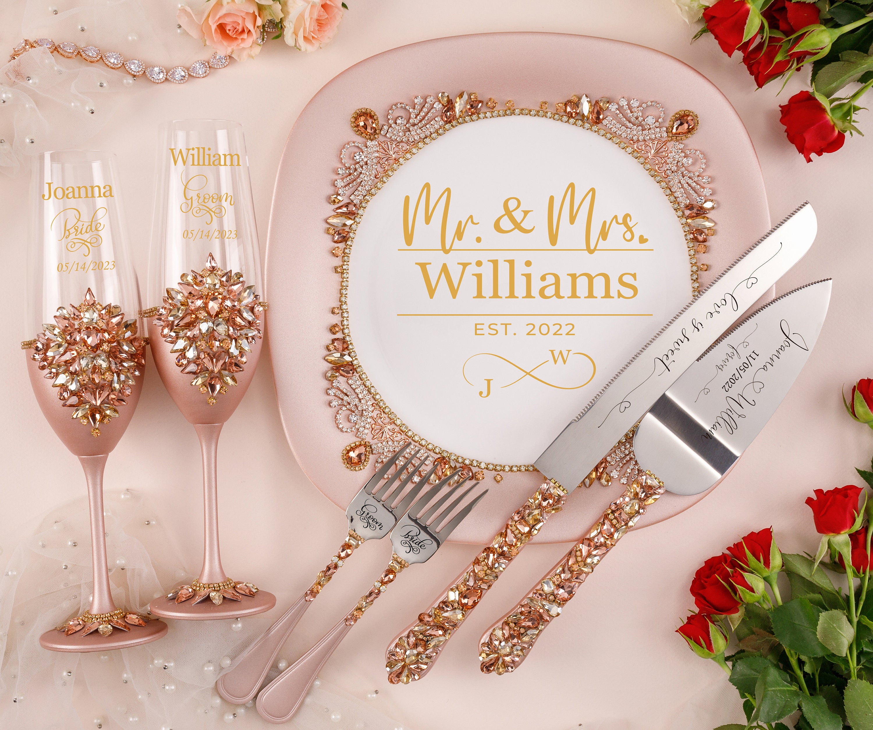 Rose gold cake cutting set clearance