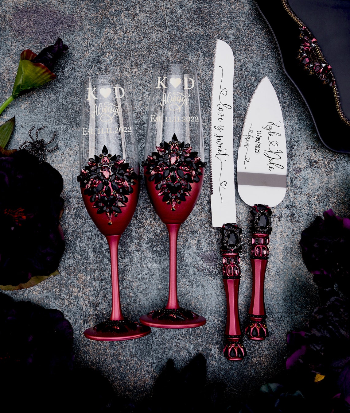black burgundy wedding glasses and cake server set maroon image 1