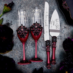 black burgundy wedding glasses and cake server set, maroon black wedding flutes and cake cutting,