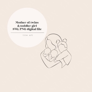 Mama bliźniaków i mała dziewczynka Line Art | Matka i dziecko Rysunek liniowy dziecka | Linia Plik cyfrowy | Natychmiastowe pobranie | Plik SVG i PNG