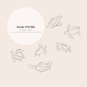 May include: A set of six line art illustrations of sea turtles in various poses. The illustrations are in black and white and are set against a light beige background. The text "Turtle SVG file line art" is in the center of the image.