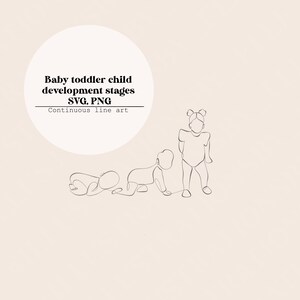 May include: Line drawing illustration of four children in different stages of development. The illustration is a continuous line drawing, showing a baby lying on its stomach, a toddler crawling, a toddler standing, and a toddler walking. The illustration is titled "Baby toddler child development stages SVG, PNG Continuous line art".