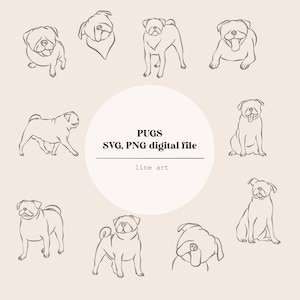 Pug Dog Puppy Line Art | Dog Puppies Line Drawing | Pug dog Line Drawing | Laser Cutting Instant Download | SVG & PNG file