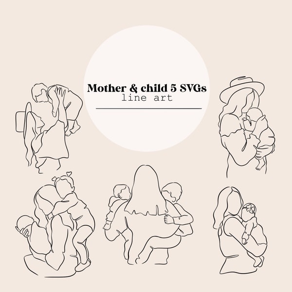 Mère et enfant 5 dessins au trait SVG | Dessin au trait maman et bébé | Fichier numérique linéaire | Découpe laser Téléchargement instantané | Fichiers SVG, PNG, IA