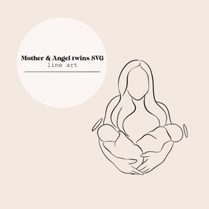 Matka Anioł Bliźniaki Dziecko Linia Art | Mama i Dziecko Linia Rysunek | Mama Dziecko Linia Plik Cyfrowy | Cięcie Laserowe Natychmiastowe Pobieranie | Plik SVG