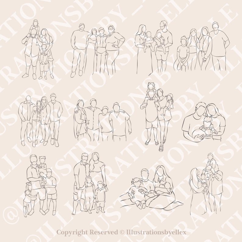 Two Family Line Family of 4 Line Art Listing Two| Daughter, Son, Boy Girl, Twins ...