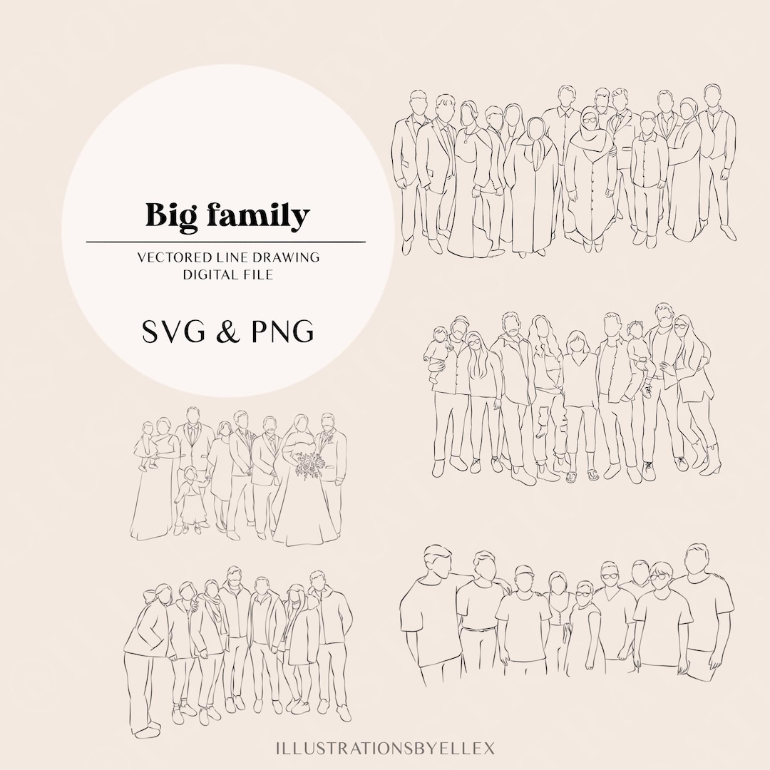 Big Family Line Art Drawing Files | Daughter, Son, Boy Girl, Twins ...